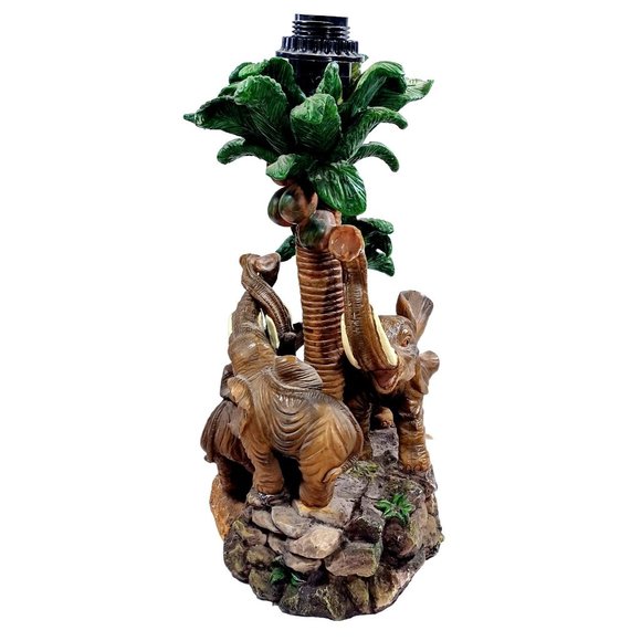 Vtg Tropical Elephants Mother Baby Babies  Safari Jungle Palm Trees Table Lamp - Picture 3 of 9